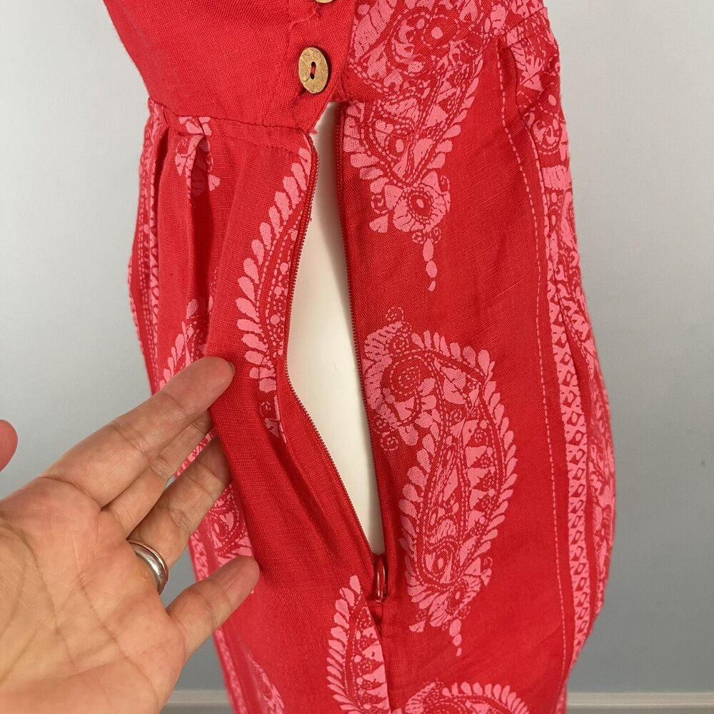 Free People Linen Blend Wide Leg Jumpsuit 0 Red Paisley Cottage Boho Festival - Picture 10 of 15